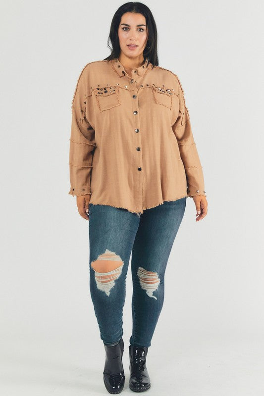 DAVI & DANI PLUS Distressed hem button down oversize shirt