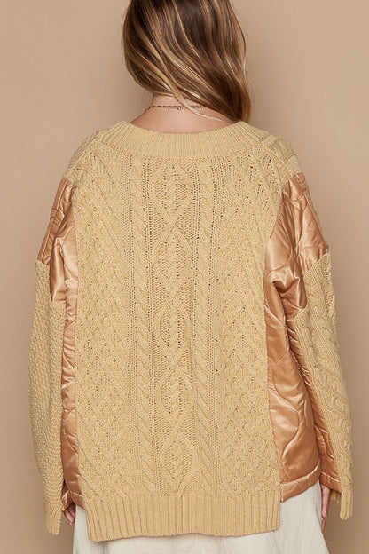 POL Quilting Patch Button Up Cable Knit Jacket in Camel Multi