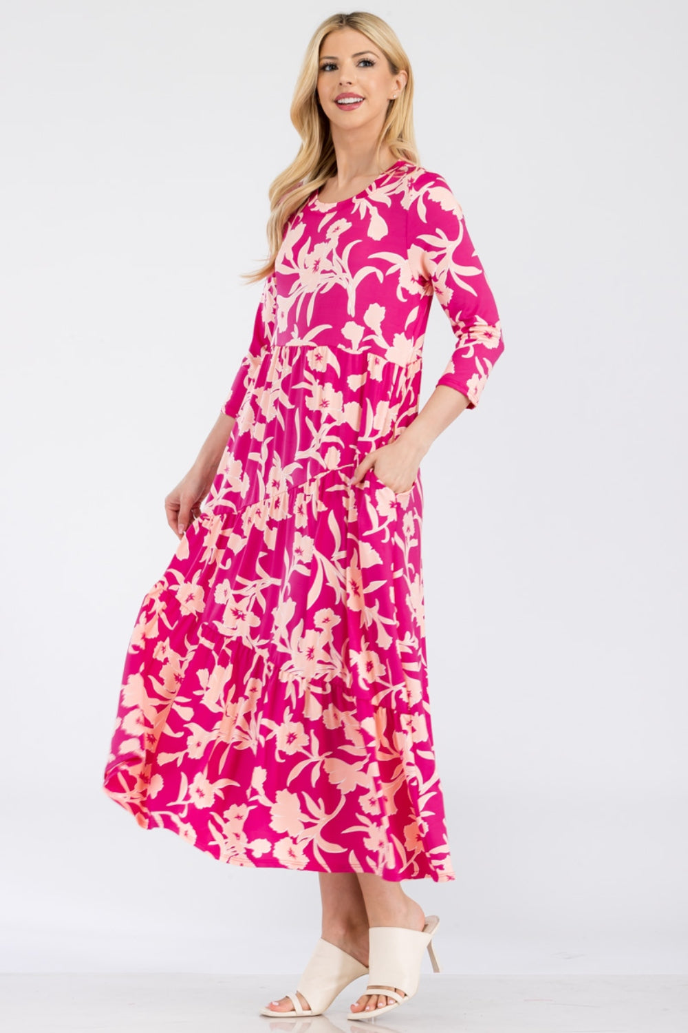 CELESTE Fuchsia Full Size Floral Round Neck Ruffle Hem Dress