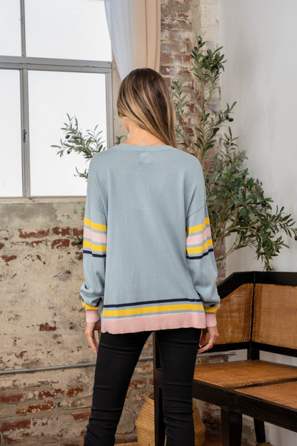 SEW IN LOVE Full Size Light Blue Contrast Stripes Long Sleeve Sweater