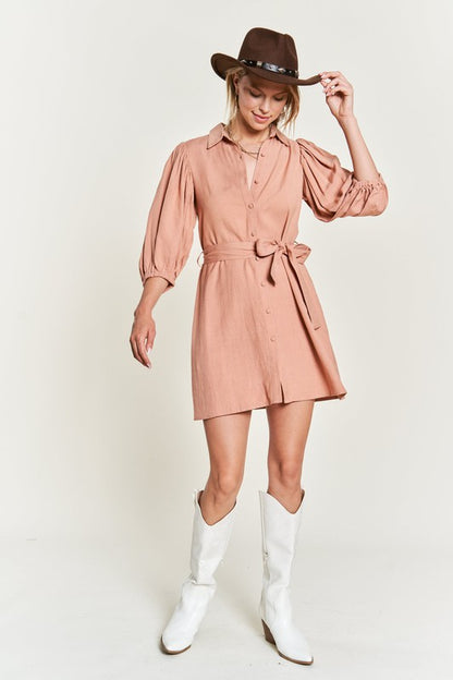 JADE by JANE Plus-size Puffed Sleeves Shirt Dress with Belt