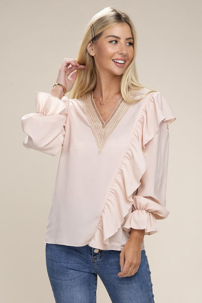 NUVI APPAREL V-Neckline Lace Trim Long Sleeve Blouse