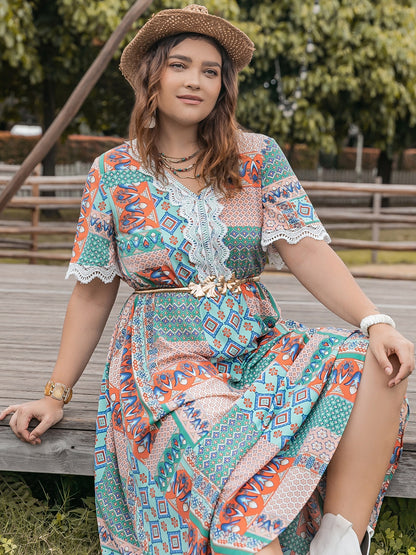 H.R.Z. Plus-size Printed Half Sleeves Western-style Maxi Dress with Laced Details