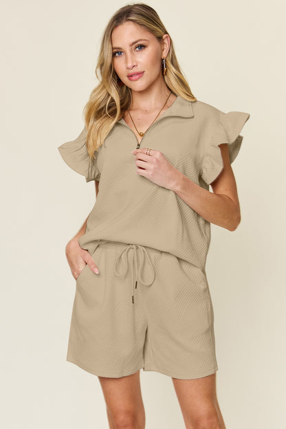 DOUBLE TAKE Full Size Texture Flounce Sleeve Top and Drawstring Shorts Set