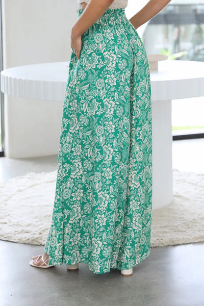 Pocketed Casual Printed Tied Wide Leg Pants