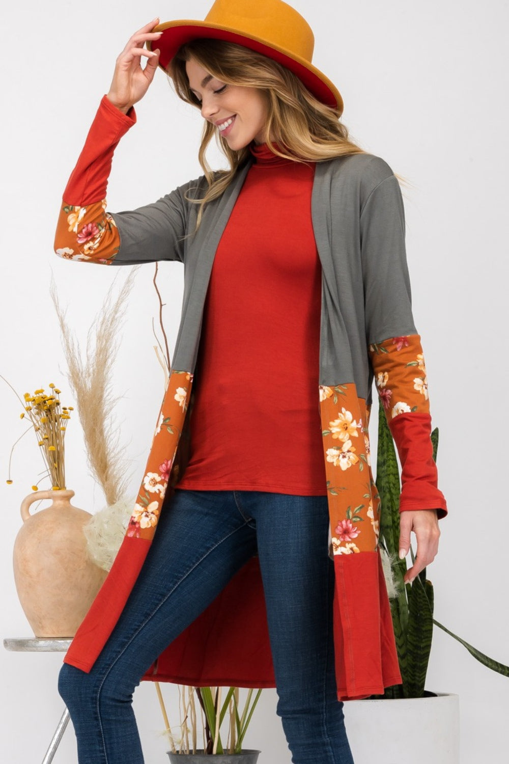 CELESTE Full Size Floral Color Block Open Front Cardigan