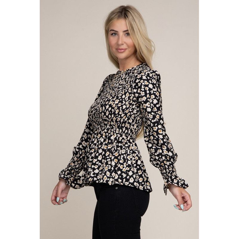 NUVI APPAREL Allover Floral Shirred Peplum Blouse