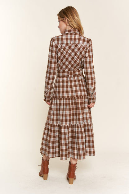 AND THE WHY Brown Plaid Tiered Midi Shirt Dress