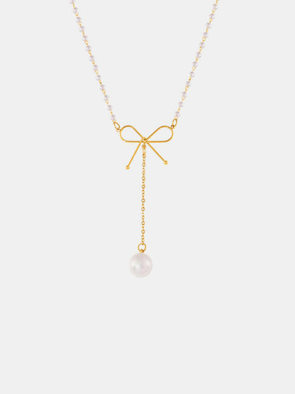 Stainless Steel Bow Pendant Necklace with Pearls