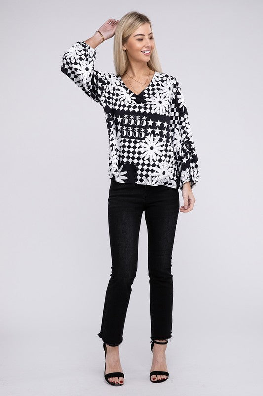 NUVI APPAREL Black/White Floral V Neck Lantern Sleeve Blouse