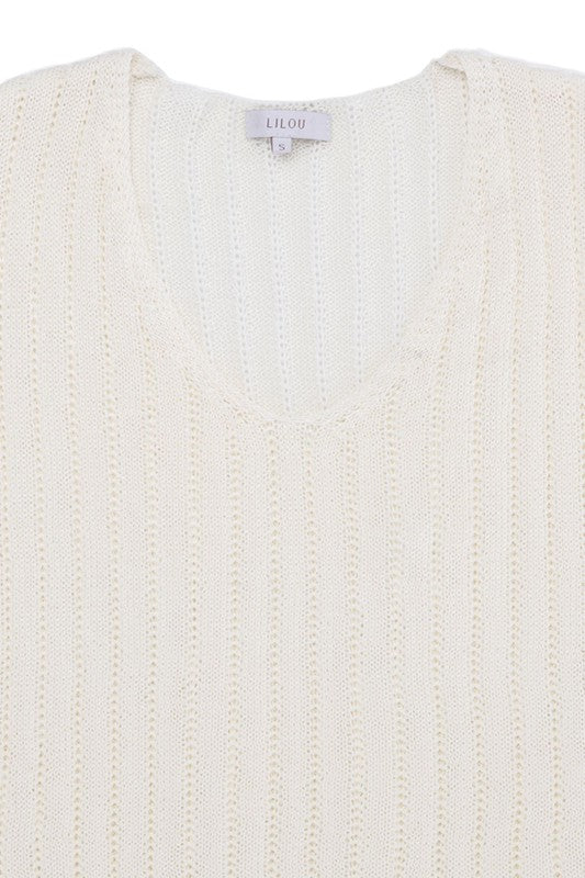 LILOU Ivory Variegated Rib V neck Sweater