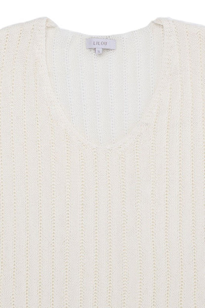 LILOU Ivory Variegated Rib V neck Sweater