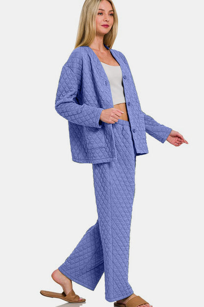 Zenana 2 Piece Women's Blue-Purple Quilted Button Up Long Sleeve Top and Pants Lounge Set