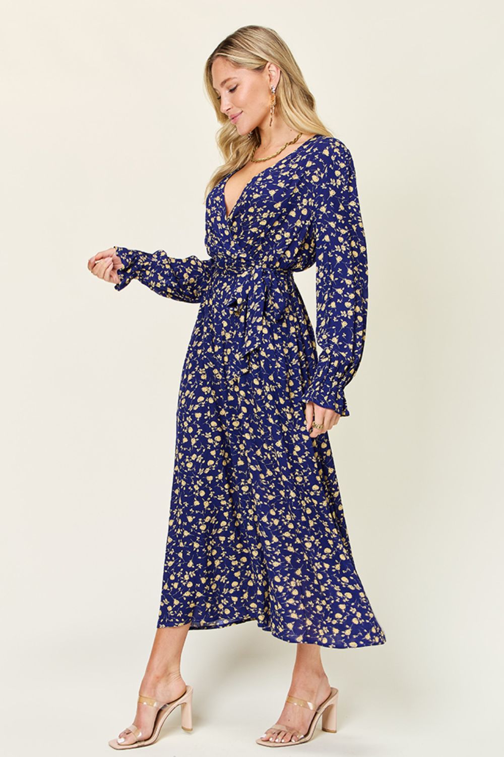 DOUBLE TAKE Full Size Tie Back Flounce Sleeve Dress