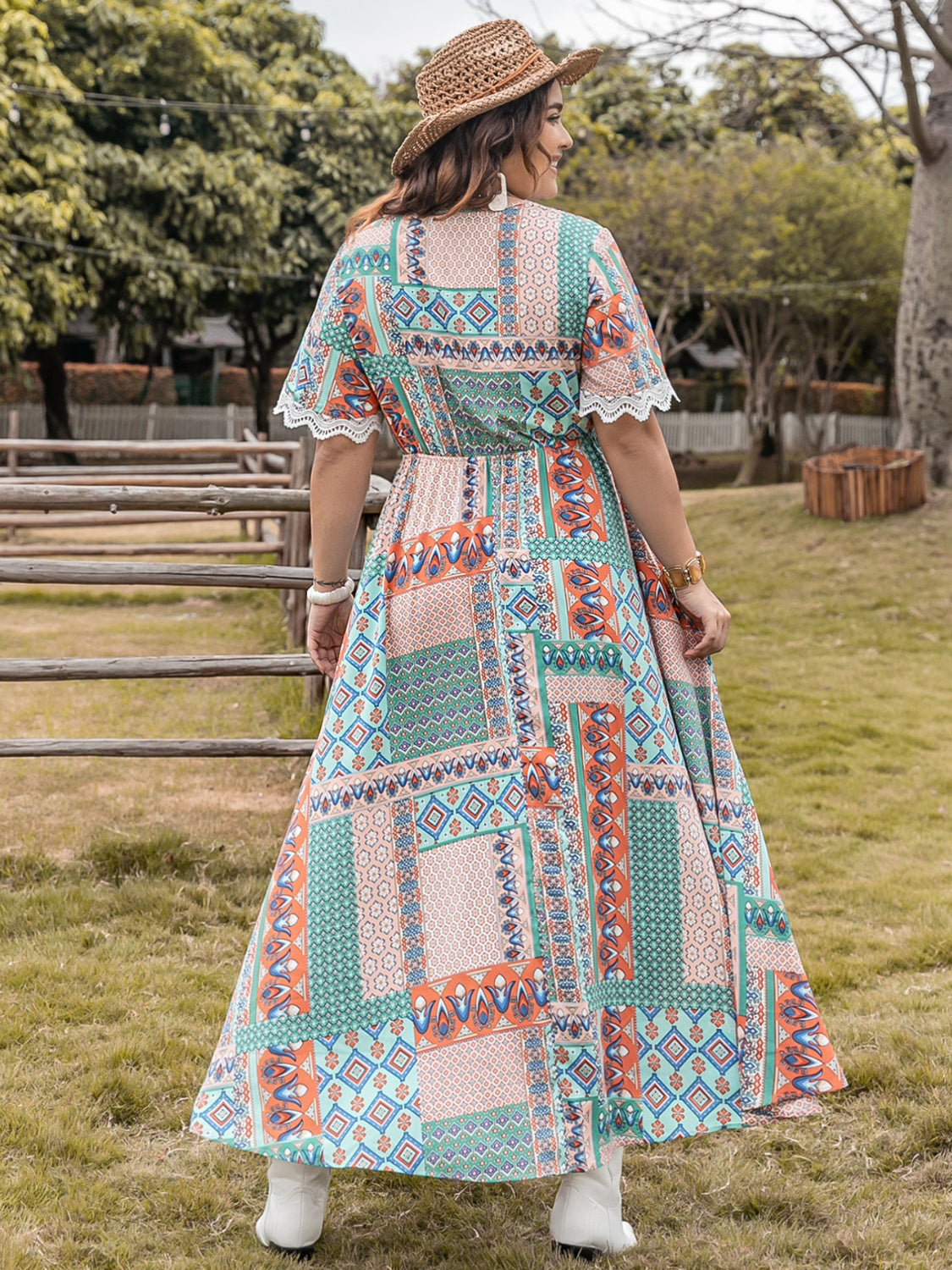 H.R.Z. Plus-size Printed Half Sleeves Western-style Maxi Dress with Laced Details