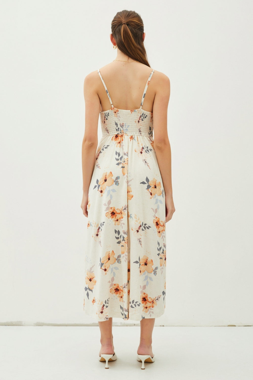 BE COOL Peach Hibiscus Floral Button Down Cami Midi Dress