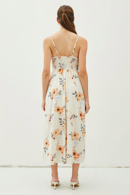 BE COOL Peach Hibiscus Floral Button Down Cami Midi Dress