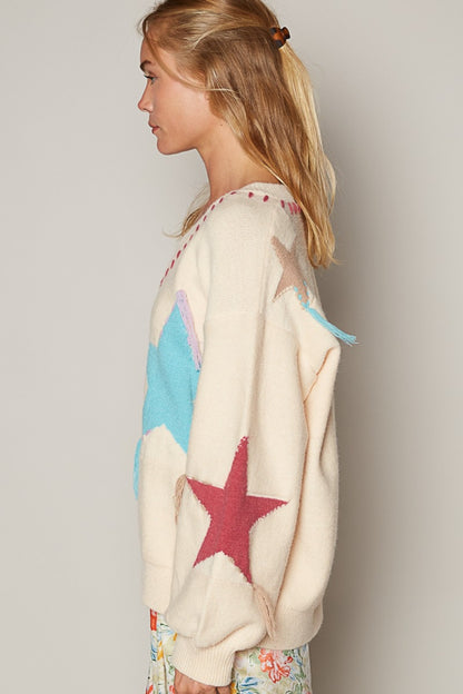 POL Pale Beige V-Neck Long Sleeve Star Fringe Sweater