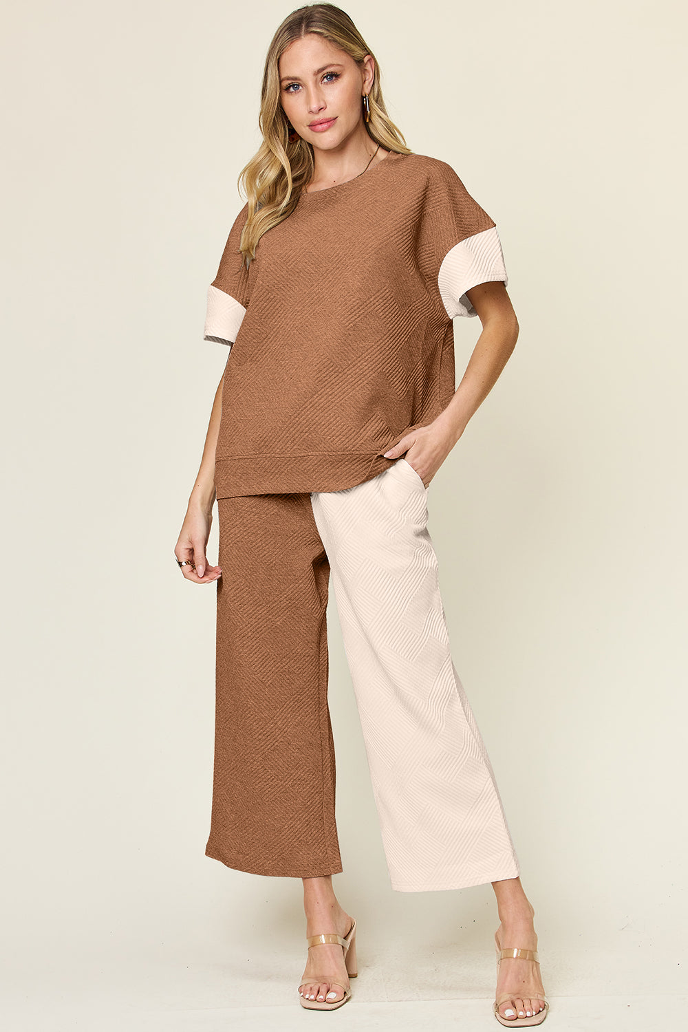 DOUBLE TAKE Full Size Texture Contrast T-Shirt and Wide Leg Pants Set