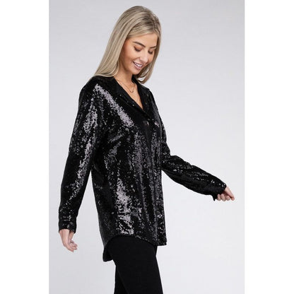 NUVI APPERAL Sequin Collared Button Up Cardigan