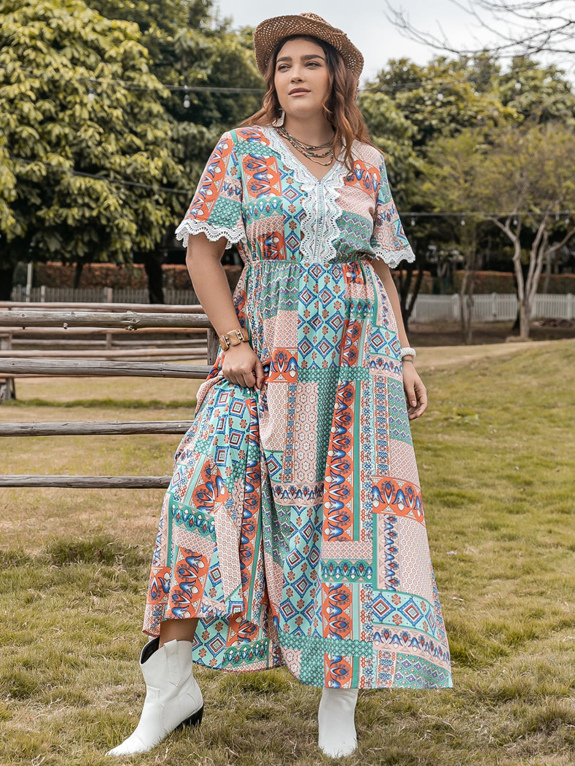 H.R.Z. Plus-size Printed Half Sleeves Western-style Maxi Dress with Laced Details