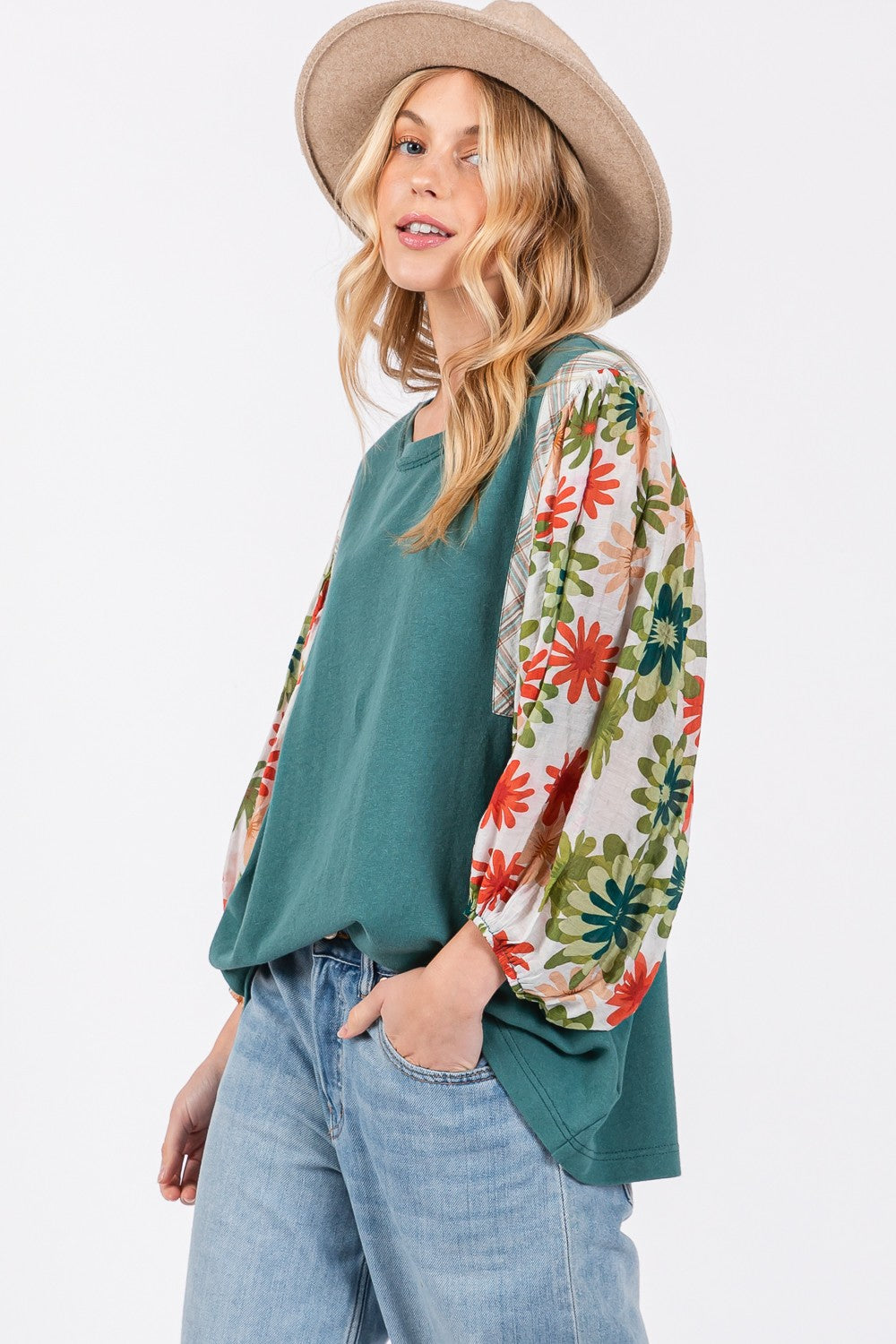 SAGE + FIG Women's Full Size Green Contrast Top with Printed Balloon Sleeves