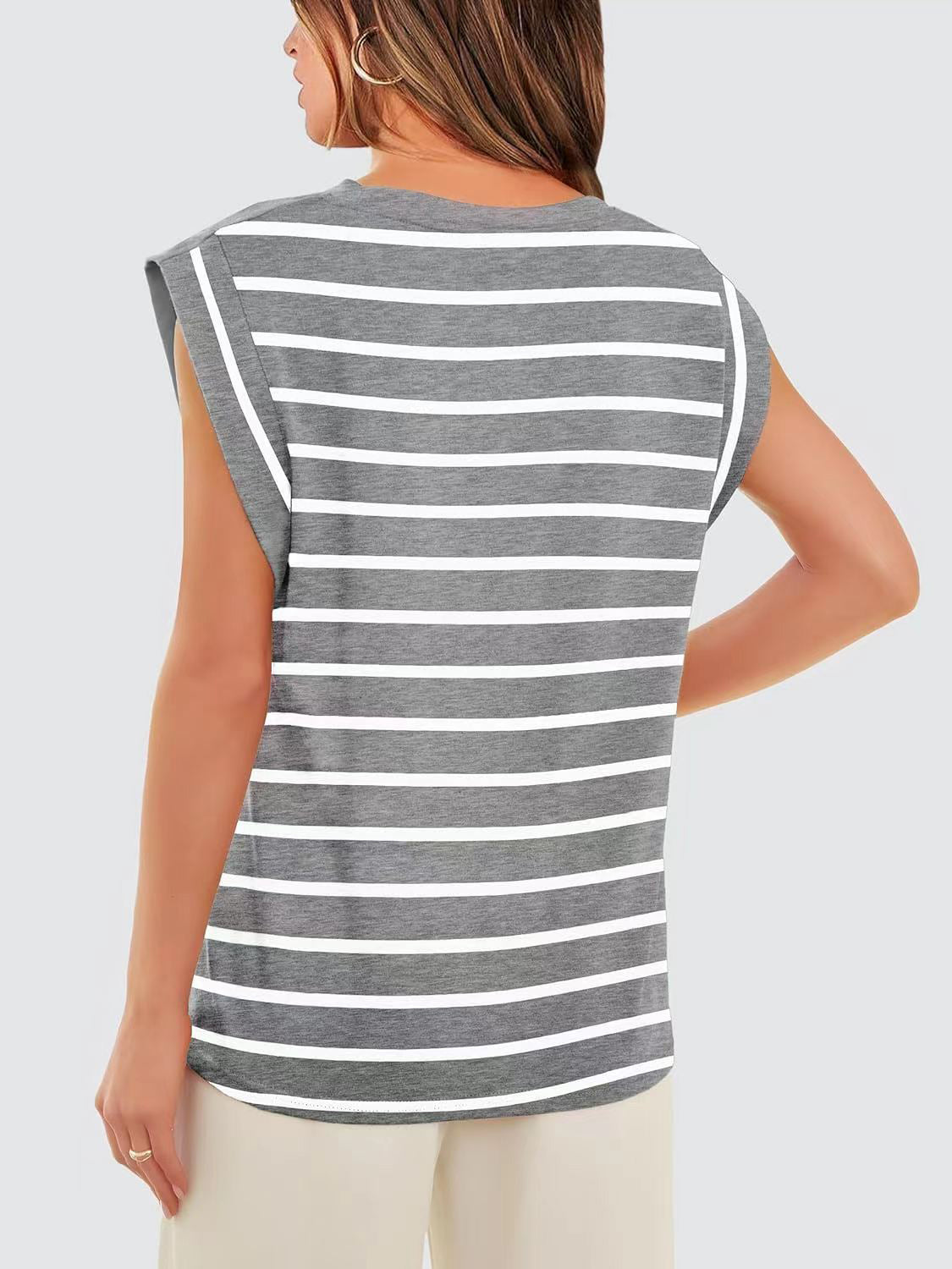 Striped Round Neck Cap Sleeve Sweater Top