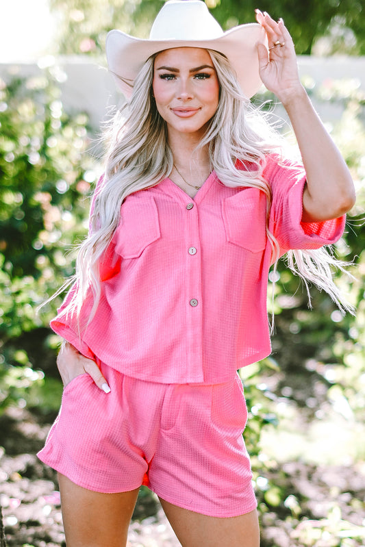 Bright Pink Textured Chest Pocket Half Sleeve Shirt & Shorts Set