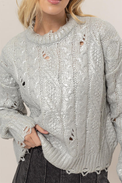 HYFVE Distressed Cable-Knit Round Neck Long Sleeve Sweater in Silver