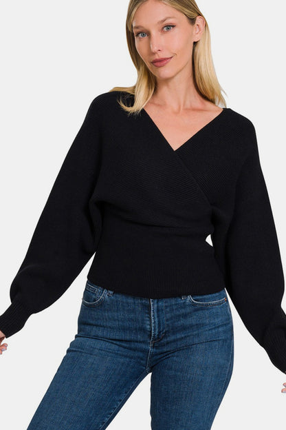 ZENANA Black Cross Wrap Rib Long Sleeve Sweater