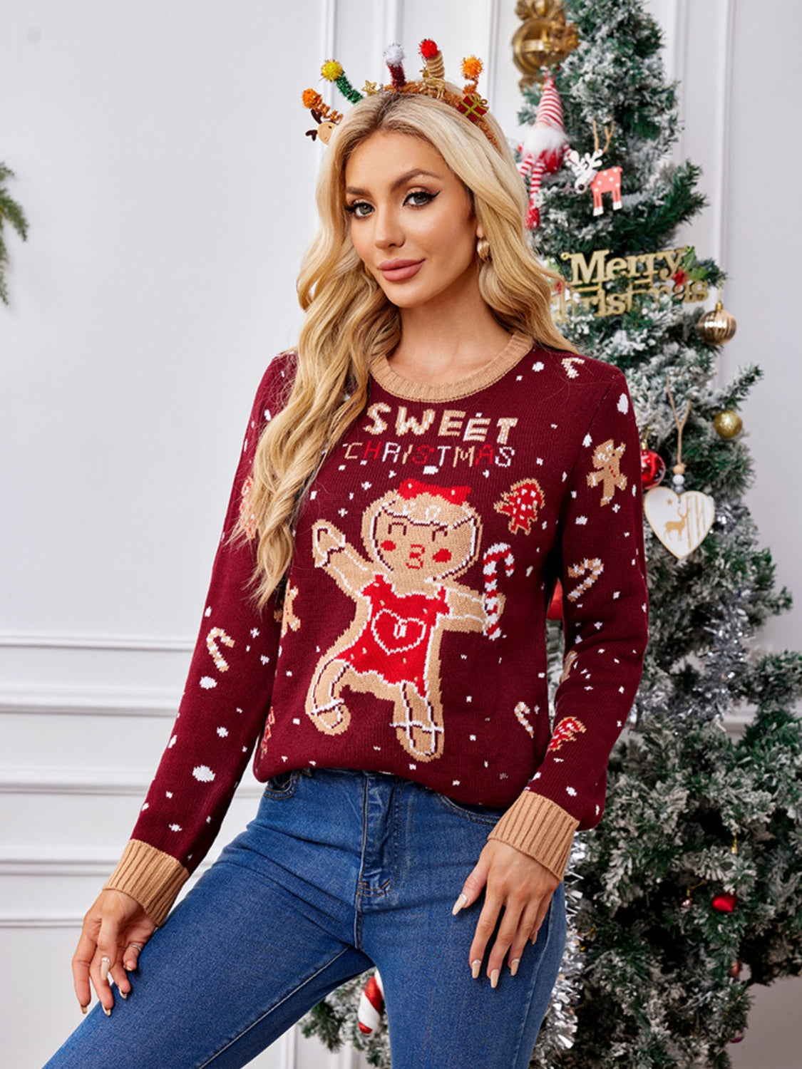 Gingerbread Round Neck Long Sleeve Ugly Christmas Sweater