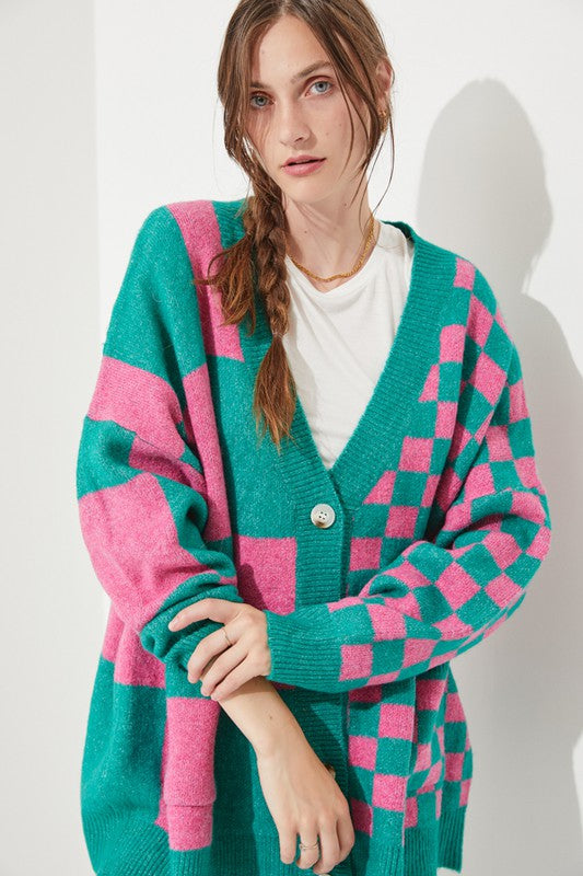 JADE by JANE Mocha/Beige Checkered Oversized Sweater