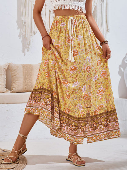 Tied Boho Printed Casual Flare Skirt