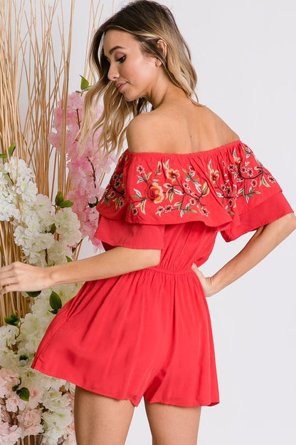 DAVI & DANI Floral Embroidered Off Shoulder Romper