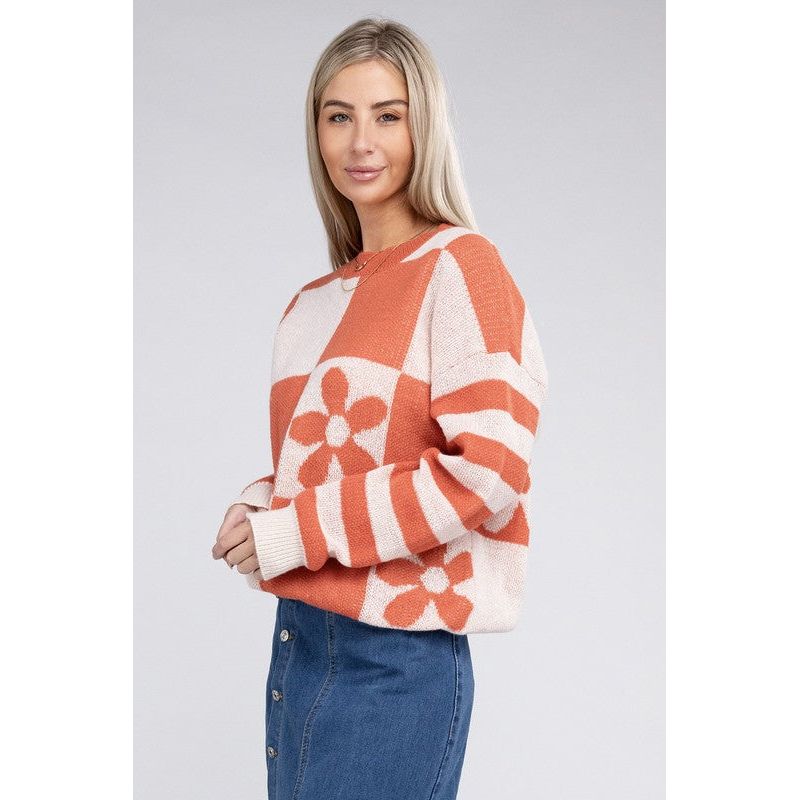 NUVI APPAREL Floral Pattern Drop Shoulder Sweater