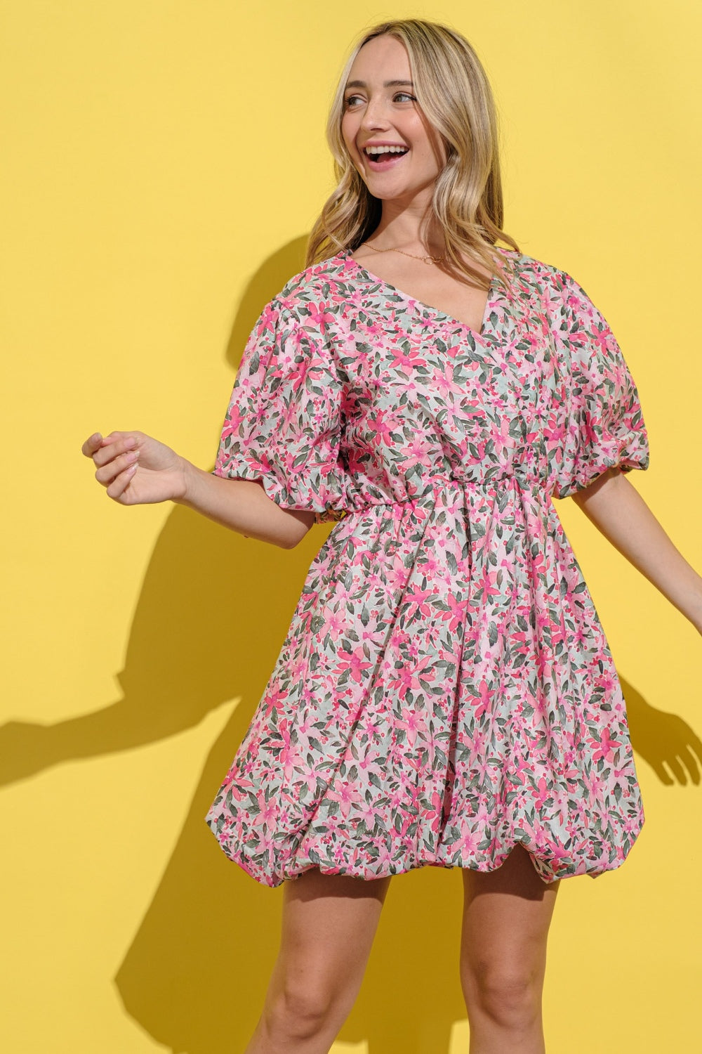 AND THE WHY Full Size Floral Surplice Puff Sleeve Dress