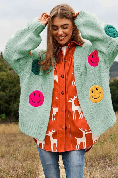 DAVI & DANI The Fuzzy Smile Long Bell Sleeve Knit Cardigan