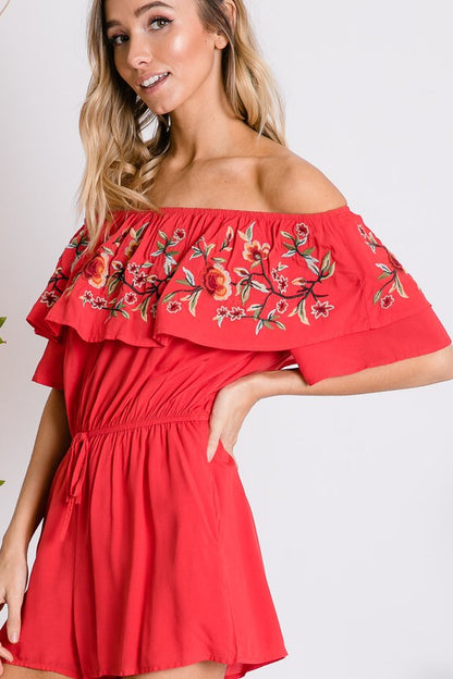 DAVI & DANI Floral Embroidered Off Shoulder Romper