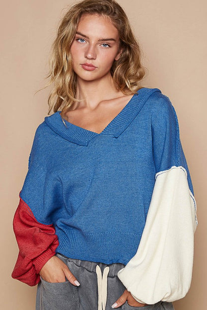 POL Women's Royal Blue Sweater with Exposed Seam Contrast V-Neck Lantern Sleeve