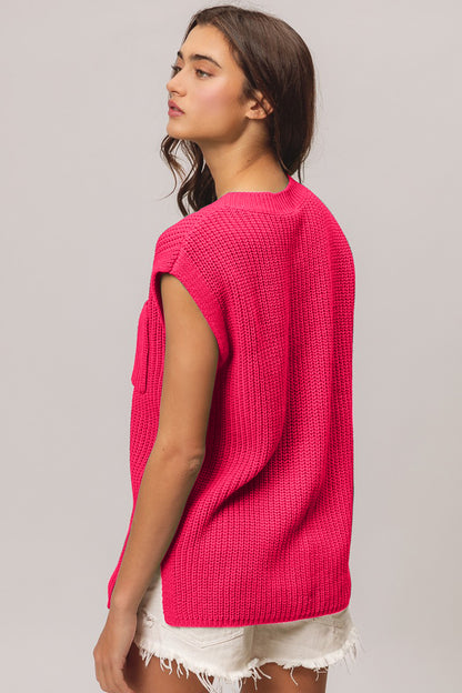 BiBi Fuchsia Patch Pocket Cap Sleeve Sweater Top