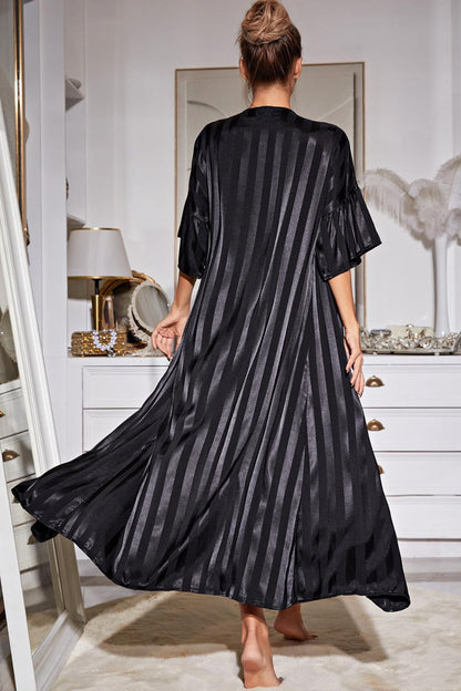 H2J Striped Flounce Sleeve Open Front Robe and Cami Pajama Dress Set