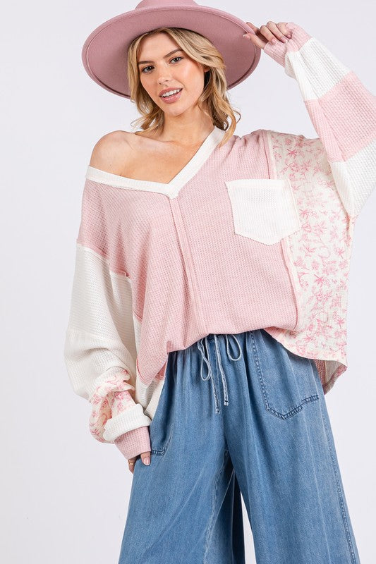 SAGE + FIG Floral Long Sleeve V-Neck Waffle Knit Top