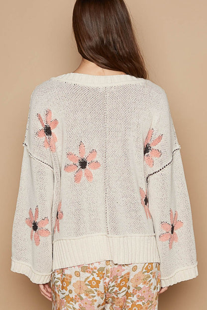 POL Ivory V-Neck Floral Pattern Chenille Sweater