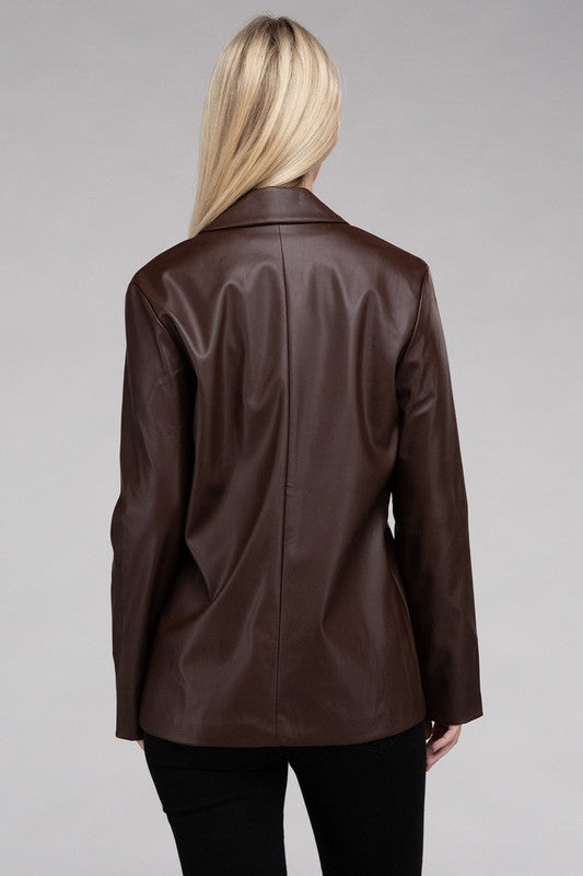 AMBIANCE APPAREL Sleek Pu Leather Blazer with Front Closure