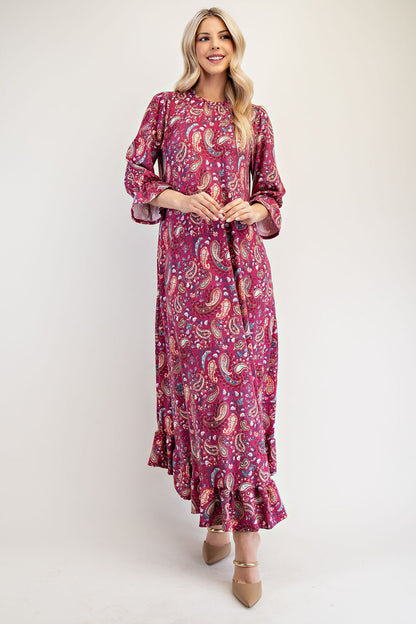 Celeste Cerise Women's Full Size Modest Maxi Paisley Floral Dress with Ruffle Hem & Round Neck