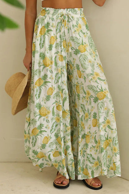 Pocketed Casual Printed Tied Wide Leg Pants