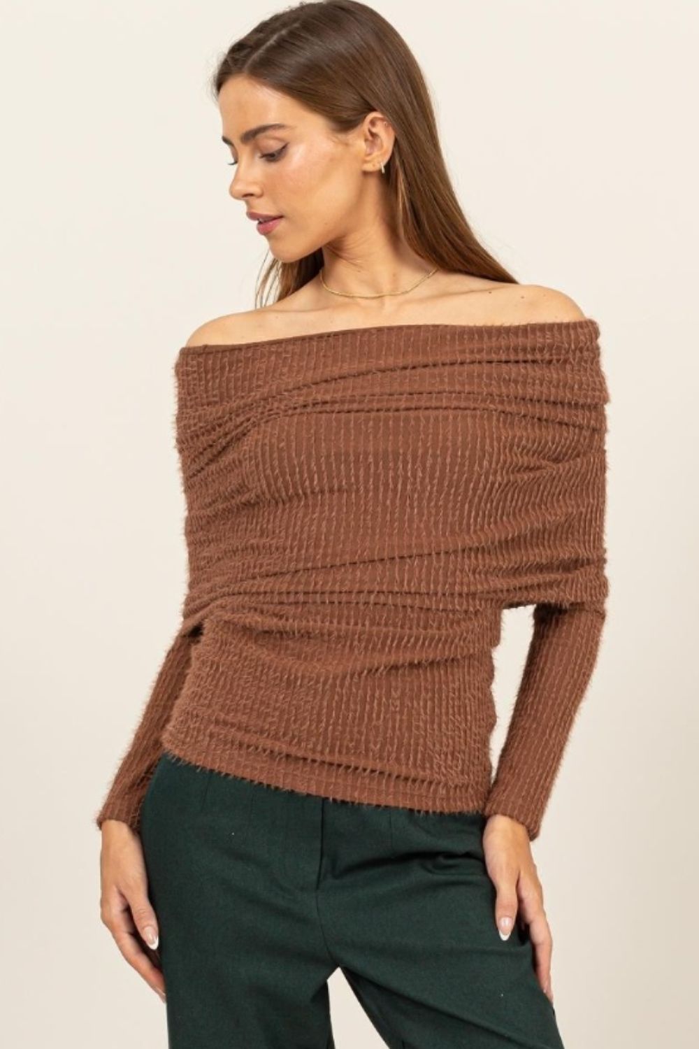 HYFVE Brown Fuzzy Off-the-Shoulder Textured Knit Top