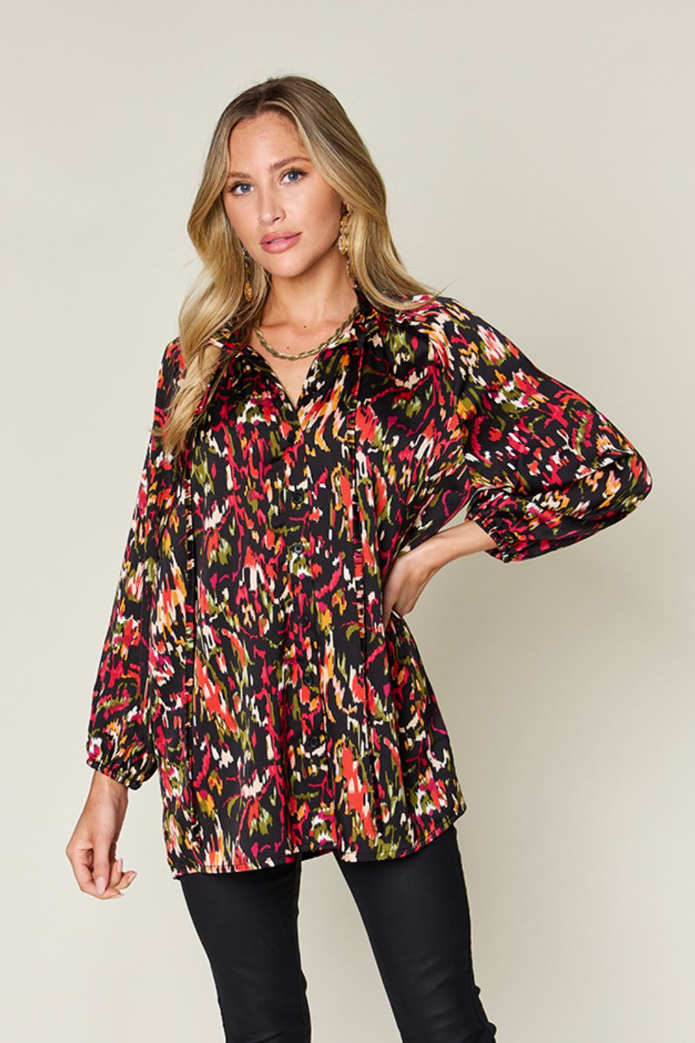 DOUBLE TAKE Full Size Printed Tied Neck Long Sleeve Blouse