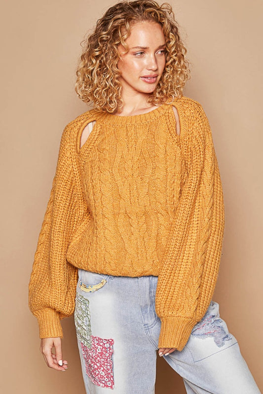 POL Cable Knit Cutout Long Sleeve Sweater in Color Honey Mustard