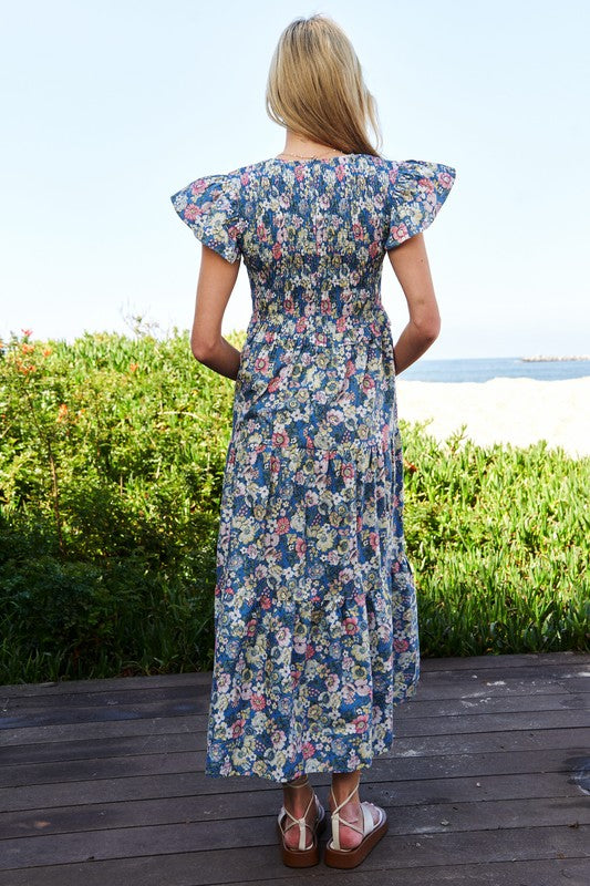 DAVI & DANI Vintage Garden Floral Flutter Smocking Midi Dress